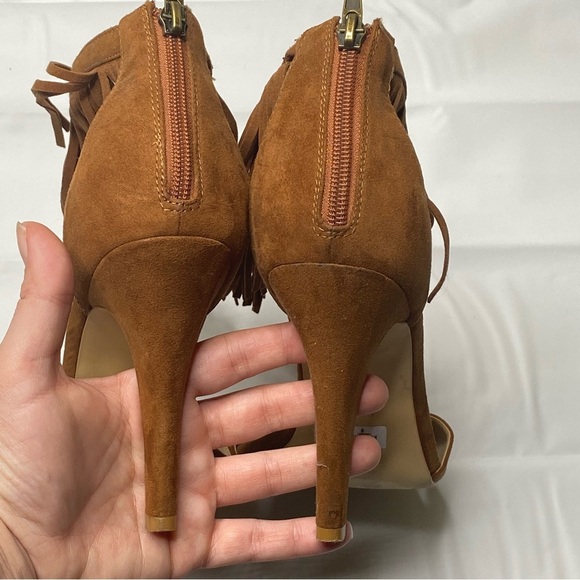 TORRID brown suede fringy tassle open toe heel size 9 - Picture 9 of 11